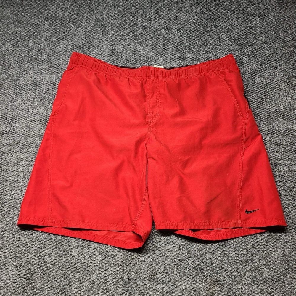 Vtg NIKE Athletics Swim Trunks Mens XL Black Red Lined Bathing Suit Board Short